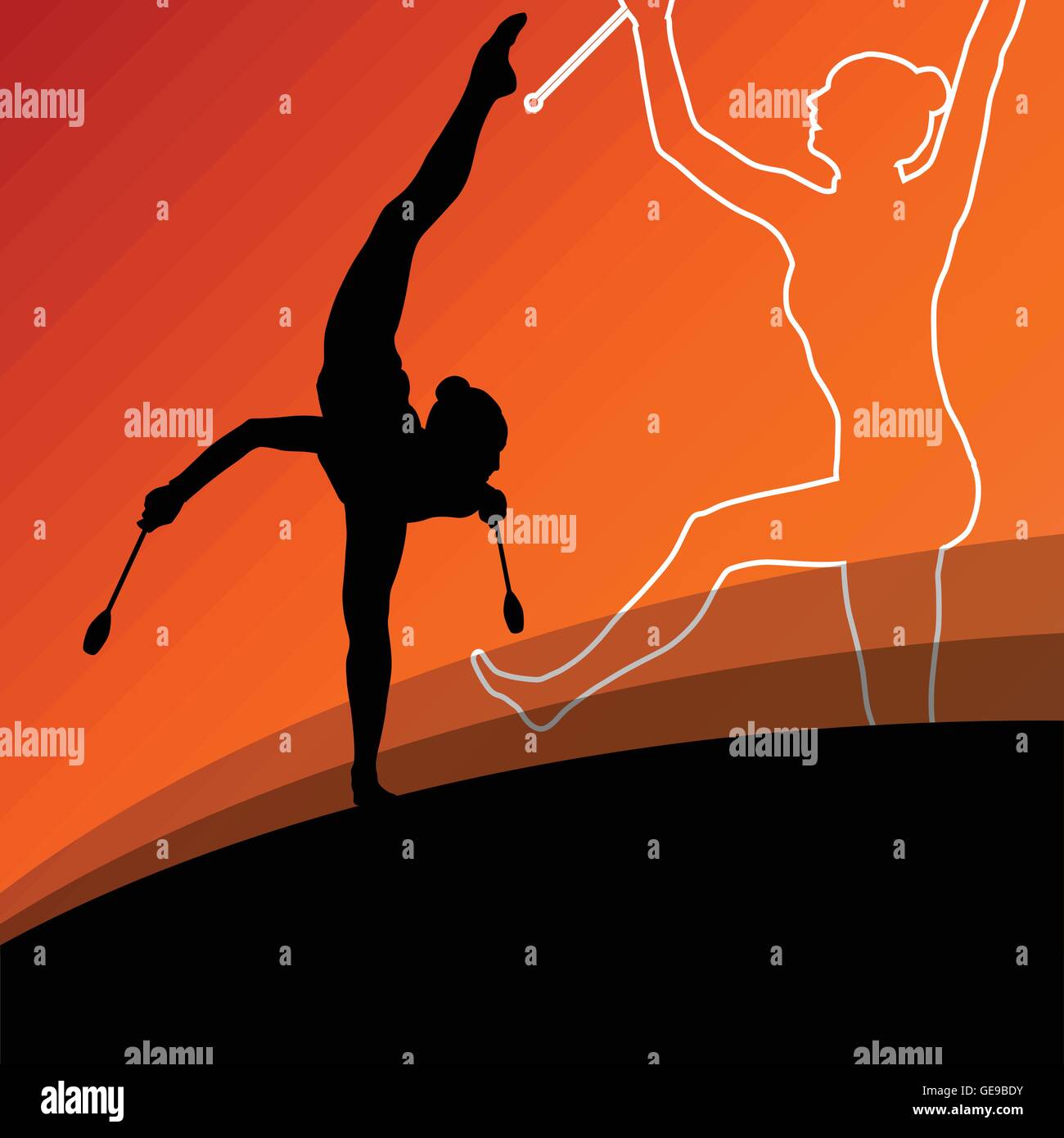 Active Young Women Calisthenics Sport Gymnasts Silhouettes With Clubs ...