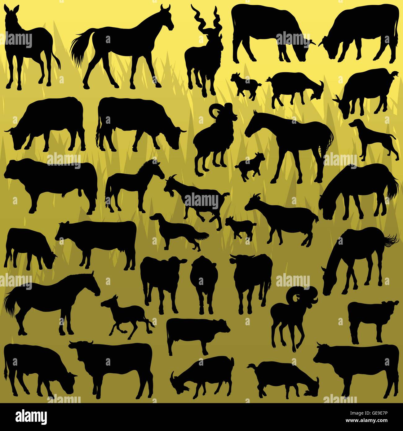 Big farm animals detailed silhouettes illustration collection background vector Stock Vector