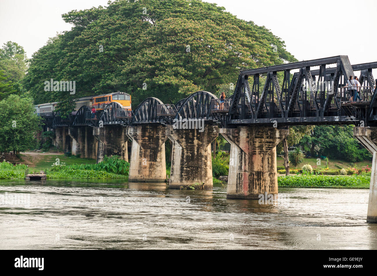Trains for travel running on the old bridge over the River Kwai Yai is a historical attractions during World War 2 the famous of Stock Photo