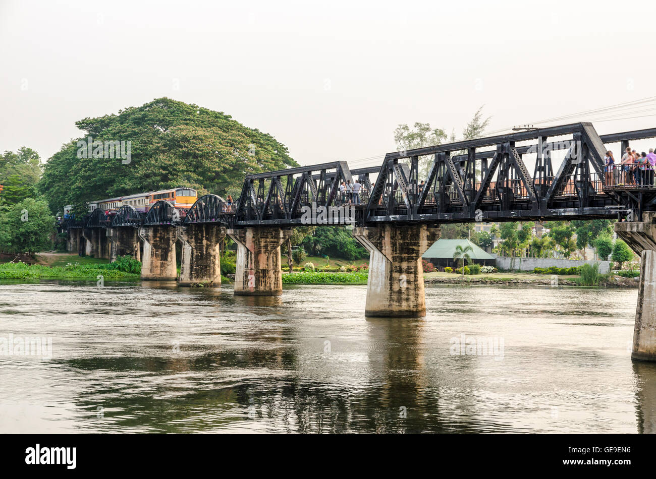 Trains for travel running on the old bridge over the River Kwai Yai is a historical attractions during World War 2 the famous of Stock Photo