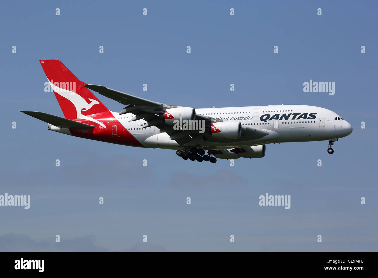 London Heathrow, United Kingdom - May 13, 2016: A Qantas Airways Airbus A380 with the registration VH-OQC approaching London Hea Stock Photo