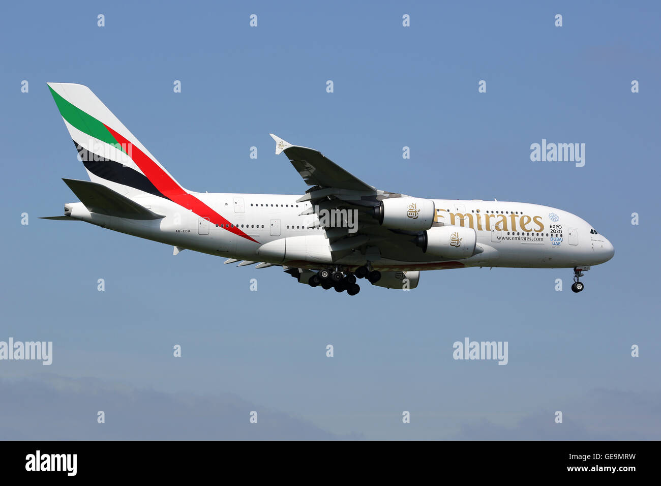 London Heathrow, United Kingdom - May 13, 2016: An Emirates Airbus A380 with the registration A6-EDU approaching London Heathrow Stock Photo