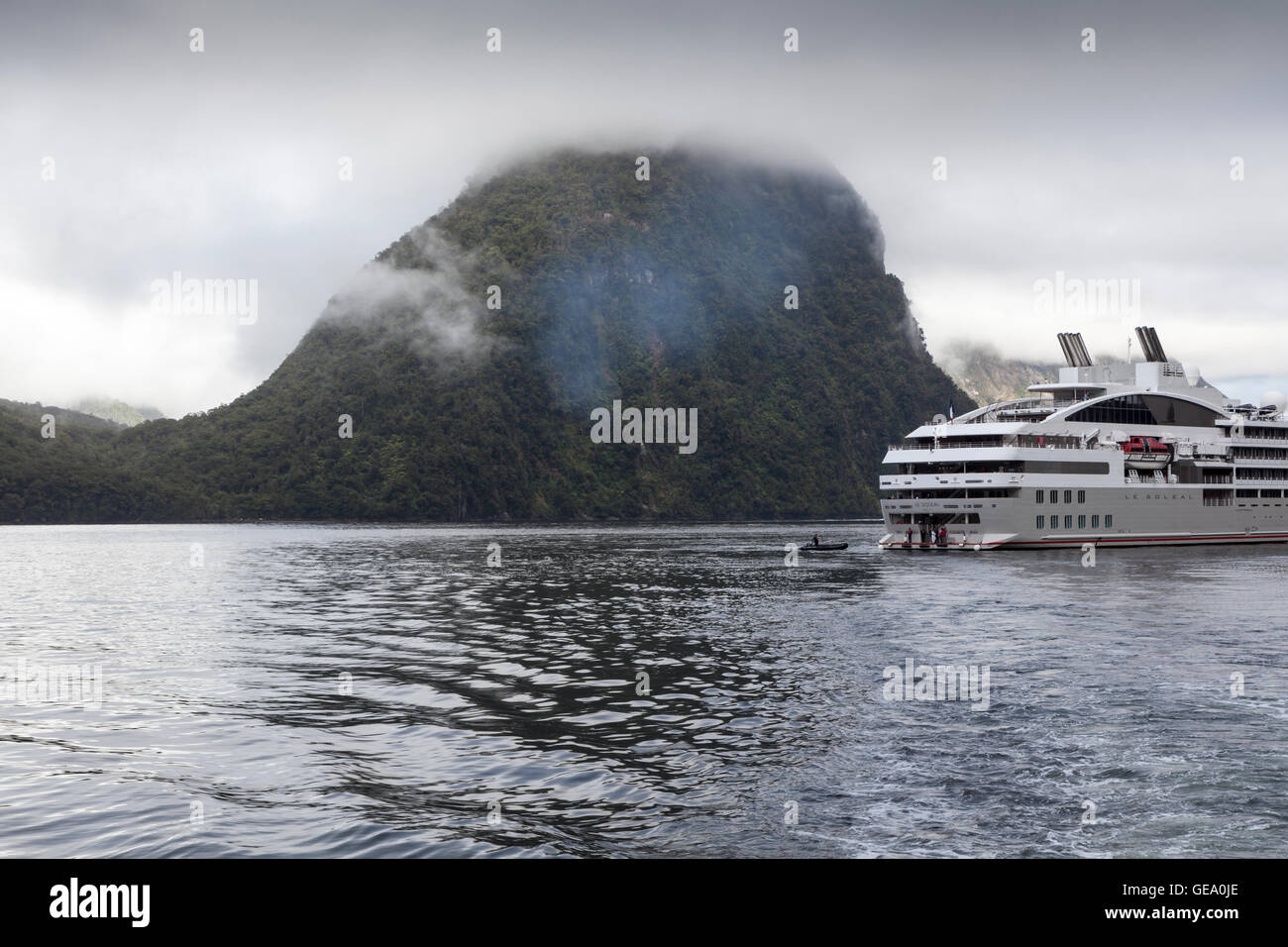 Ponant's Le Soleal cruise ship in Milford Sound, South Island, New Zealand Stock Photo