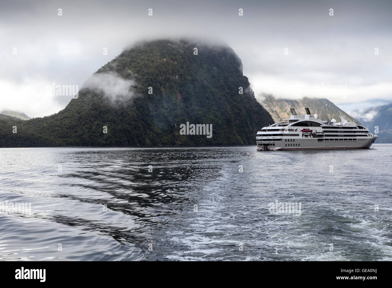 Ponant's Le Soleal cruise ship in Milford Sound, South Island, New Zealand Stock Photo
