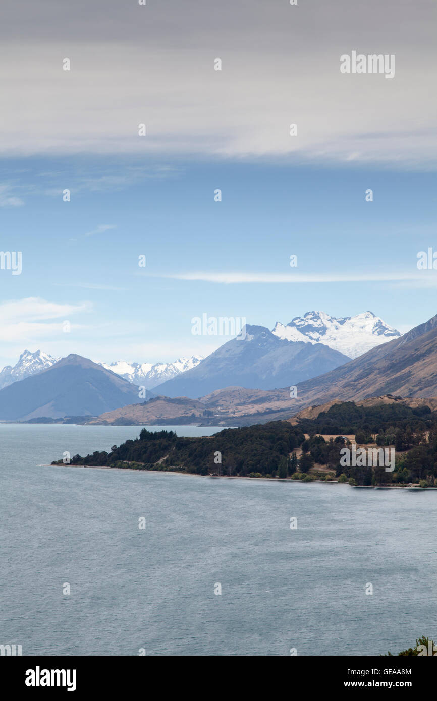 View down Lake Wakatipu to Glenorchy, New Zealand Stock Photo