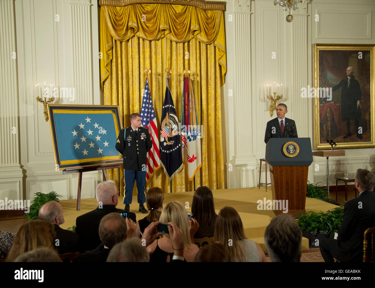 WASHINGTON, DC, May 13, 2014, President Barack Obama awards Kyle J. White, a former active duty Army Sergeant, the Medal of Honor for conspicuous gallantry.  Sergeant White will receive the Medal of Honor for his courageous actions while serving as a Platoon Radio Telephone Operator assigned to C Company, 2nd Battalion (Airborne), 503rd Infantry Regiment, 173rd Airborne Brigade, during combat operations against an armed enemy in Nuristan Province, Afghanistan on November 9, 2007.  Sergeant White will be the seventh living recipient to be awarded the Medal of Honor for actions in Iraq or Afghan Stock Photo
