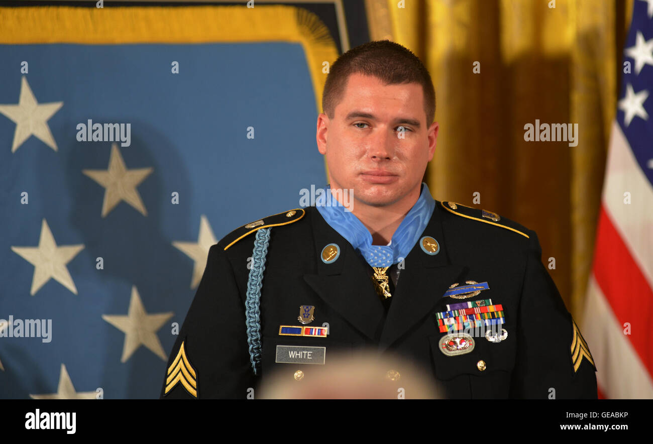 WASHINGTON, DC, May 13, 2014, President Barack Obama awards Kyle J. White, a former active duty Army Sergeant, the Medal of Honor for conspicuous gallantry.  Sergeant White will receive the Medal of Honor for his courageous actions while serving as a Platoon Radio Telephone Operator assigned to C Company, 2nd Battalion (Airborne), 503rd Infantry Regiment, 173rd Airborne Brigade, during combat operations against an armed enemy in Nuristan Province, Afghanistan on November 9, 2007.  Sergeant White will be the seventh living recipient to be awarded the Medal of Honor for actions in Iraq or Afghan Stock Photo