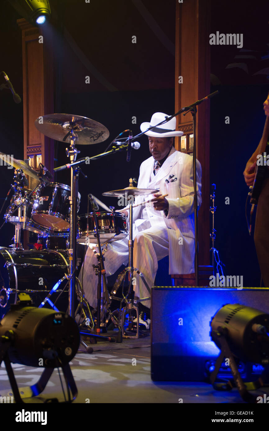 Edinburgh Scotland UK, Saturday July 23 2016. Willie The Touch Hayes on drums during his performance at the Jazz and Blues Festival, St Andrew Square Spiegeltent Credit:  InfotronTof/Alamy Live News Stock Photo