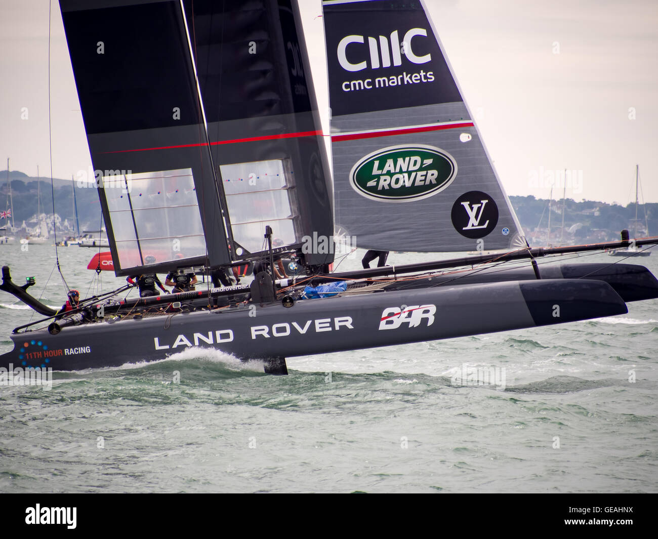 Portsmouth, UK, July 24 2016. Land Rover Ben Ainslie racing gather speed as they approach the finish line to win the first race during the second day of racing at the Americas cup World Series in Portsmouth. Credit:  simon evans/Alamy Live News Stock Photo