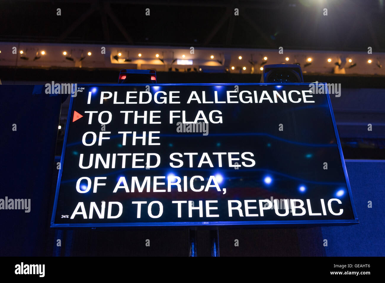 Philadelphia, Pennsylvania, USA. 24th July, 2016. The Pledge of Allegiance is projected on a teleprompter as worker make last minute preparations for the start of the Democratic National Convention at the Wells Fargo Center July 24, 2016 in Philadelphia, Pennsylvania. Credit:  Planetpix/Alamy Live News Stock Photo