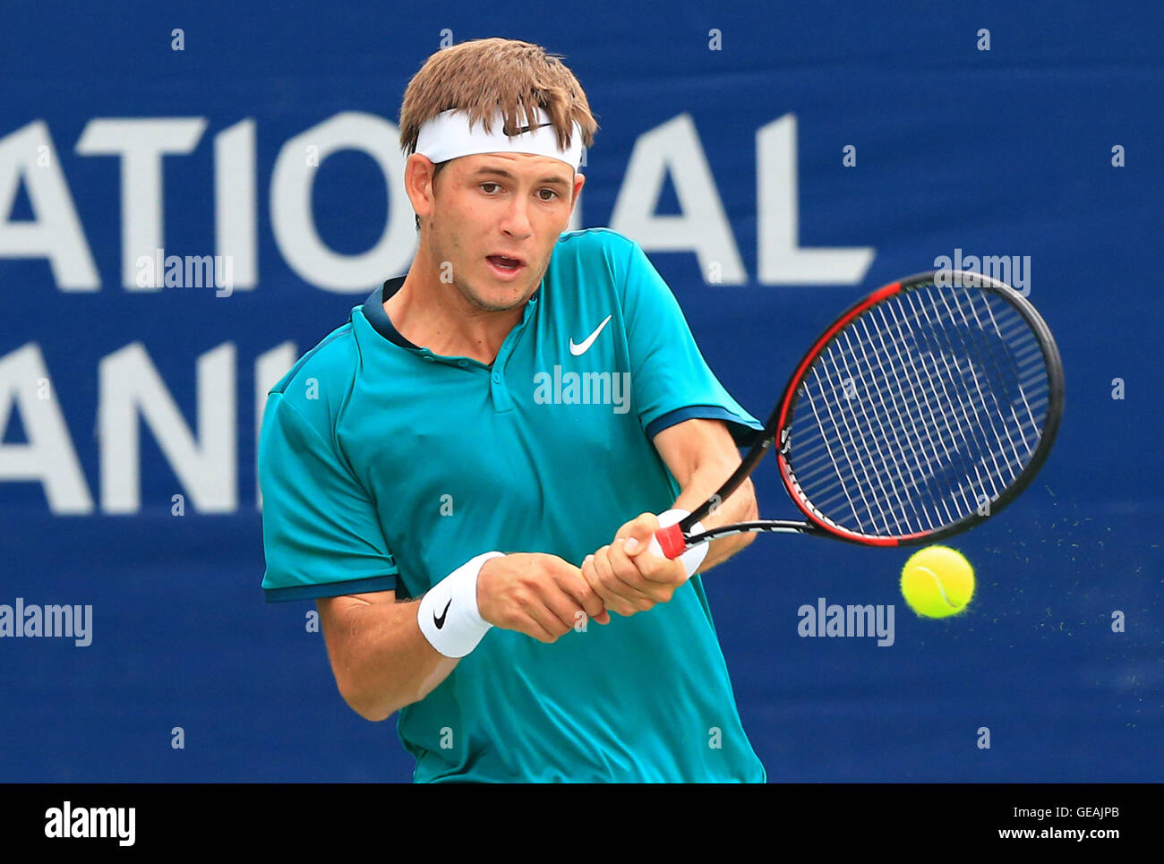 Toronto, Canada. 24th July, 2016. Jared Donaldson of the United States  returns the ball against Amir Weintraub of Israel during the second round  of men's singles qualifying match at the 2016 Rogers