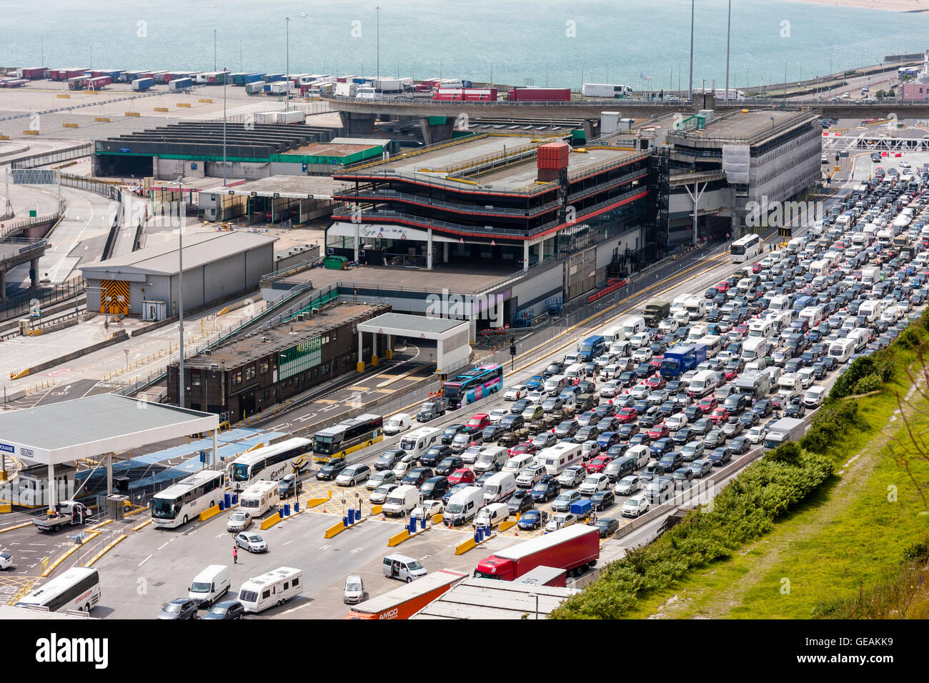 Traffic queue. 10 lanes of traffic queuing for Border Controls at the