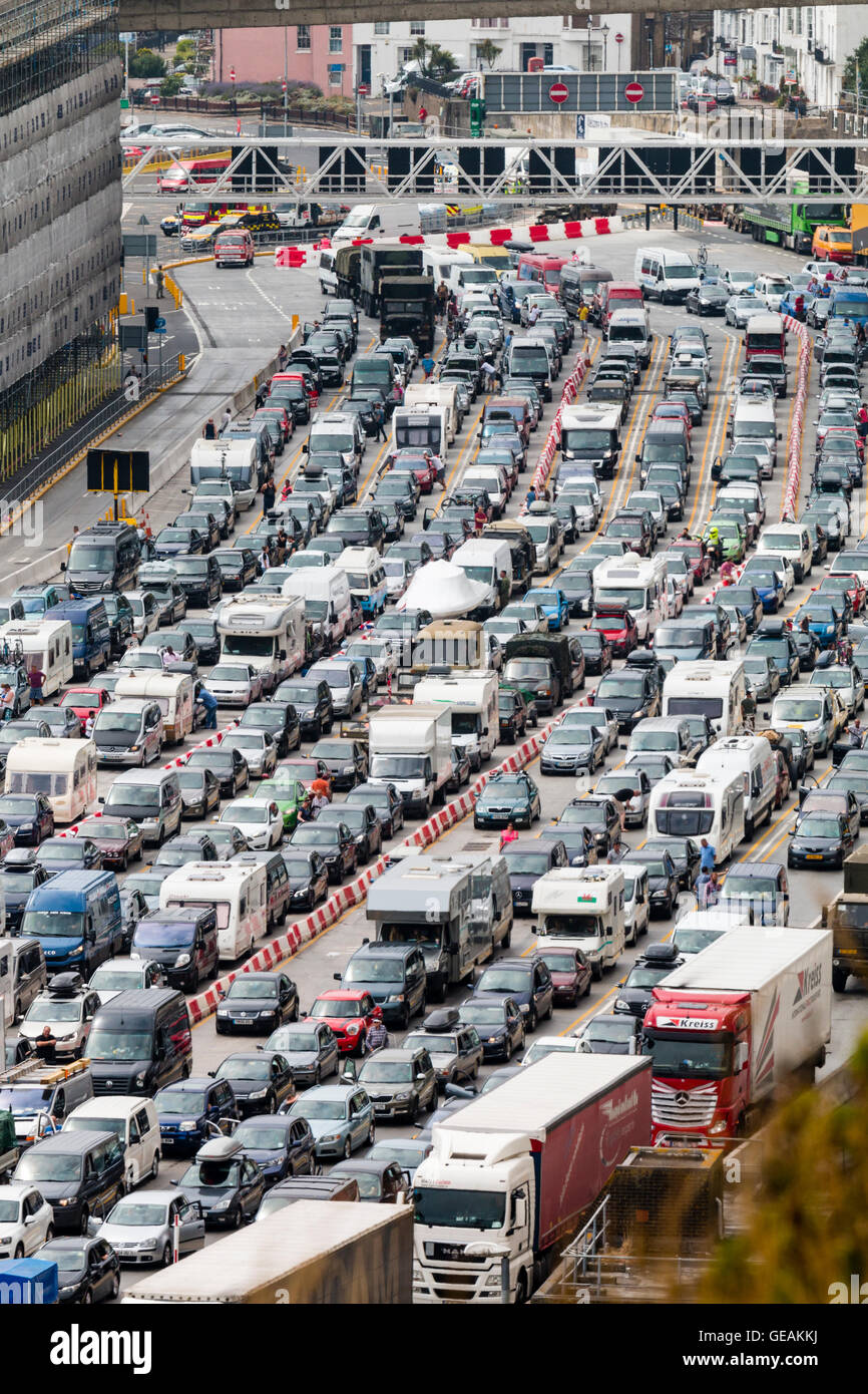 Traffic queue. 10 lanes of traffic queuing for Border Controls at the