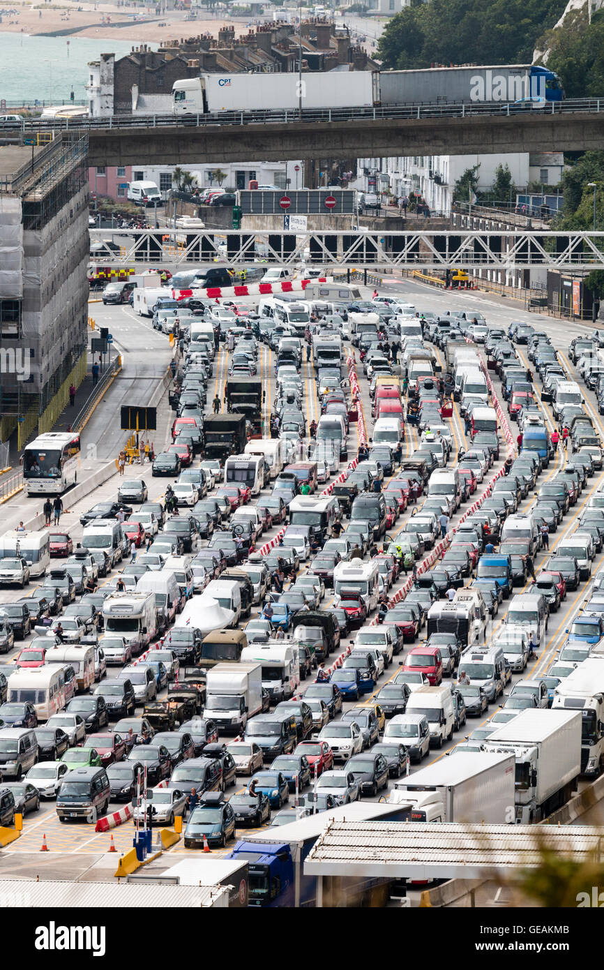 Traffic queue. 10 lanes of traffic queuing for Border Controls at the
