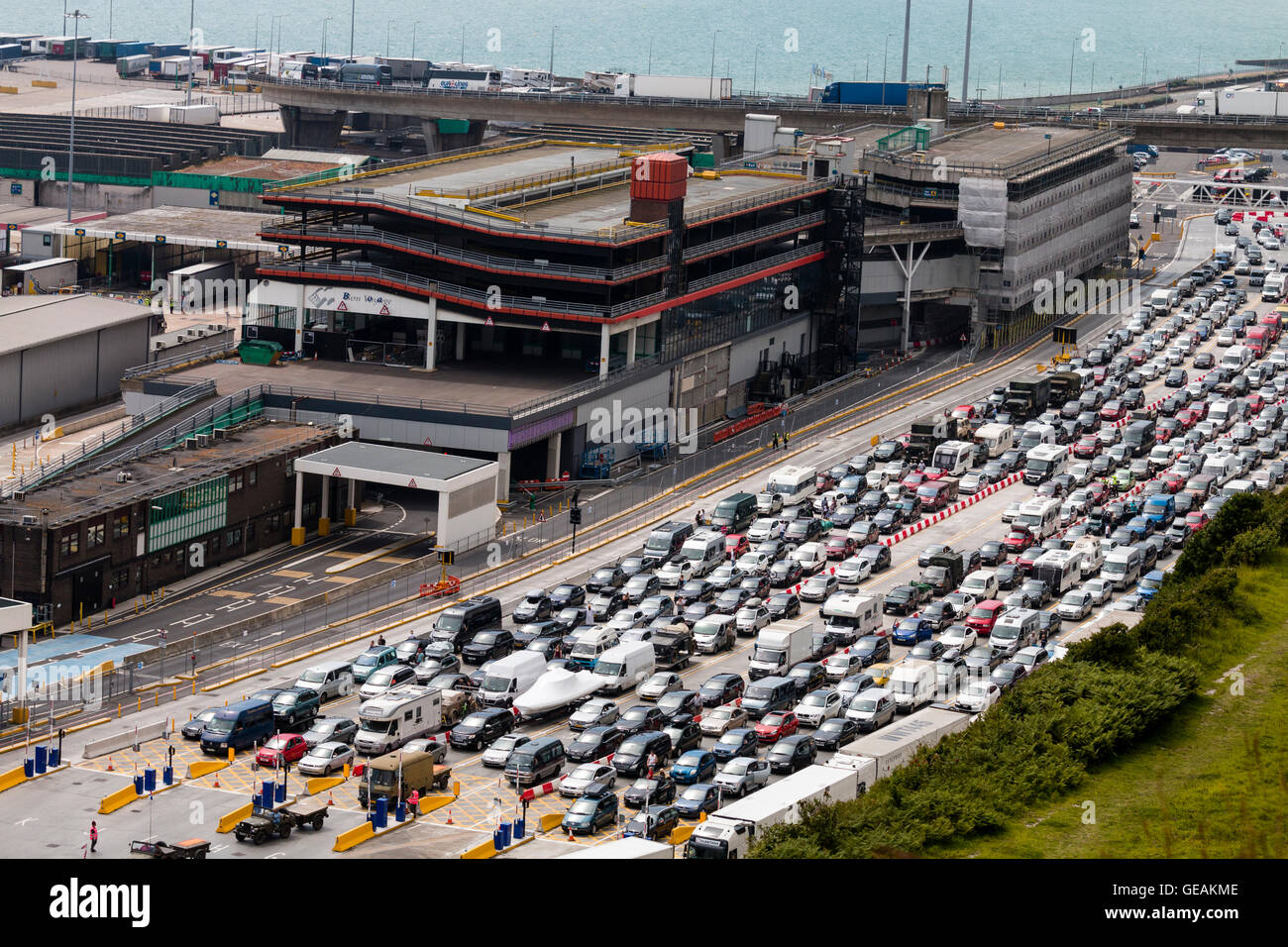 Traffic queue. 10 lanes of traffic queuing for Border Controls at the
