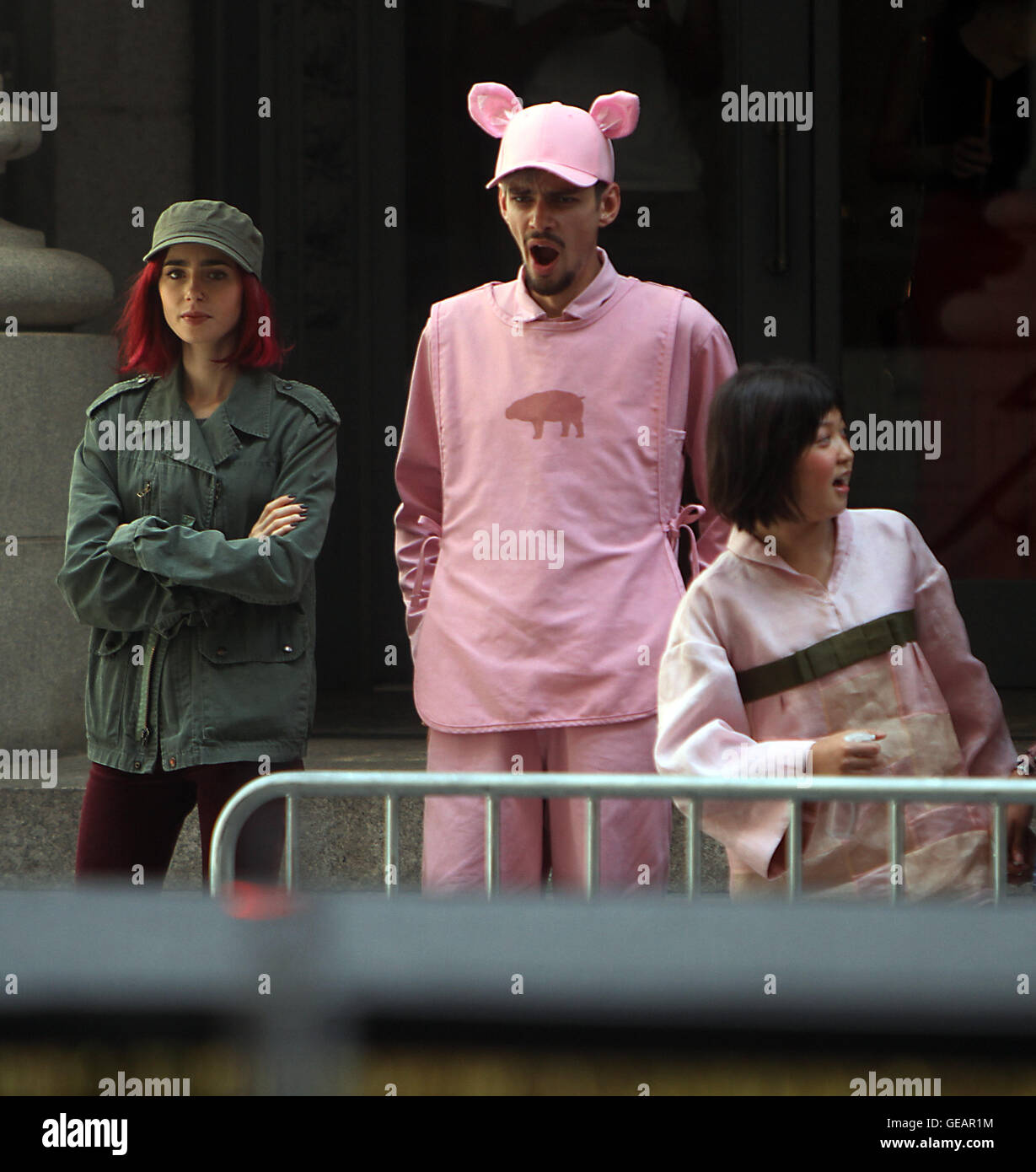 New York City, USA. 24th July, 2016. NEW YORK, NY-July 24: Lily Collins, Devon Bostick, Seo-Hyeon Ahn shooting on location for Netflix & Plan B Enterainment film Okja in New York. NY July 24, 2016. Credit:RW/MediaPunch Credit:  MediaPunch Inc/Alamy Live News Stock Photo