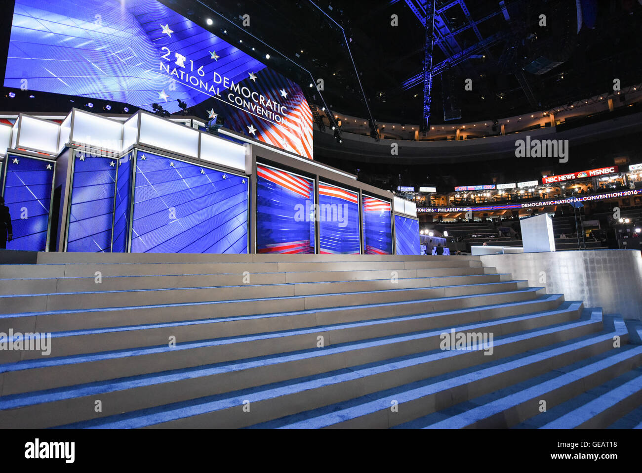 Philadelphia, USA. 25th July, 2016. Democratic National Convention in Philadelphia.Set up for the stage is complete at the DNC Democratic National Convention Credit:  Don Mennig/Alamy Live News Stock Photo