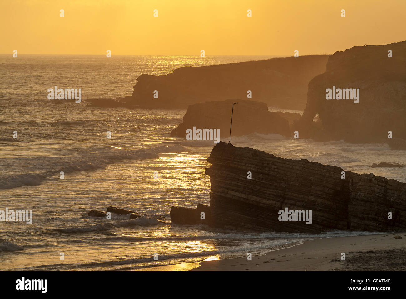 Spain, Calicia, Lugo, Cantabrian Sea, morning mood at the beach Praia de Longara Stock Photo