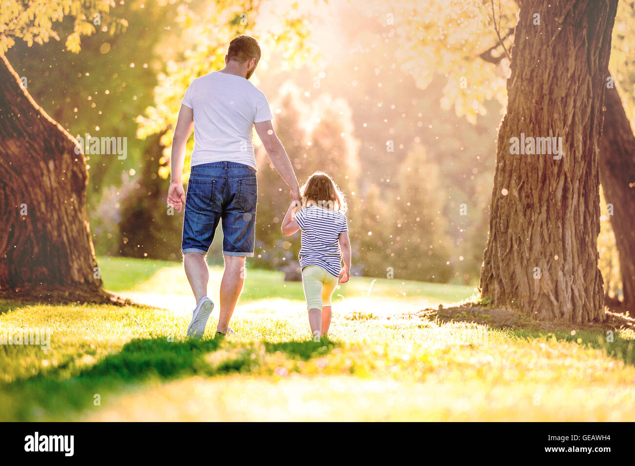 Back view of father and his little daughter walking hand in hand on a ...