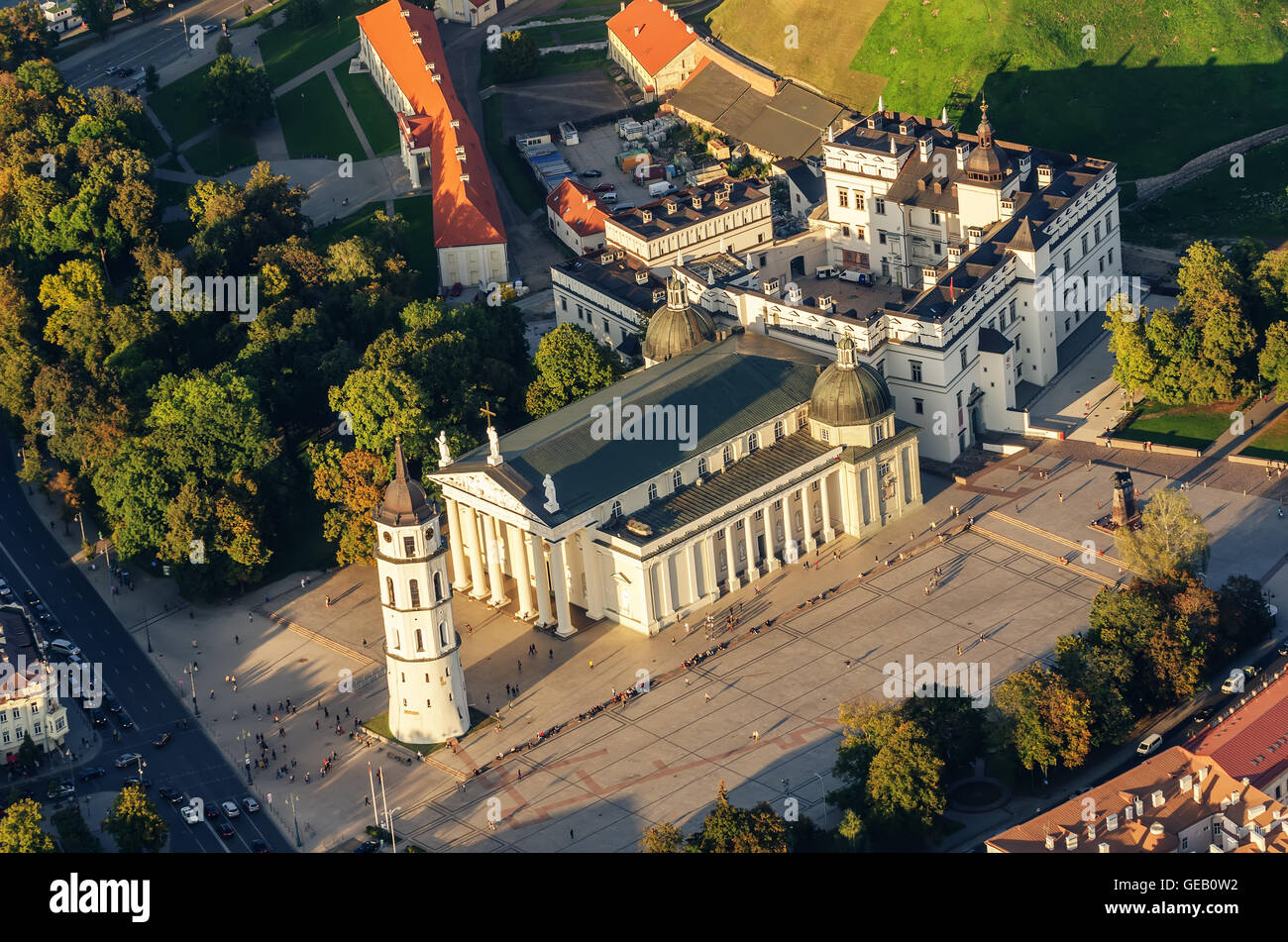 Center of Vilnius, Lithuania. Aerial view from piloted flying object. Stock Photo