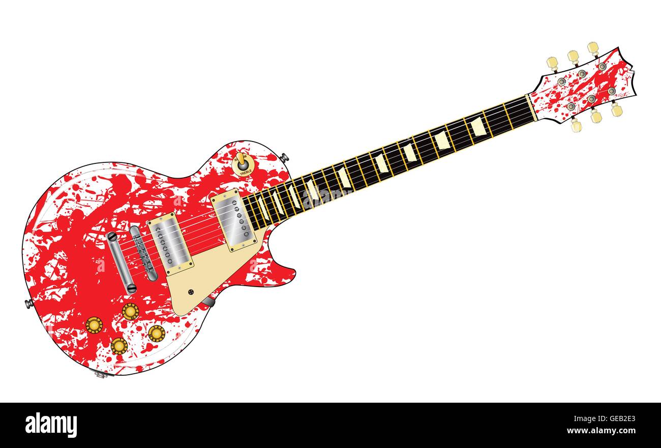 The definitive rock and roll guitar with red splatter isolated over a
