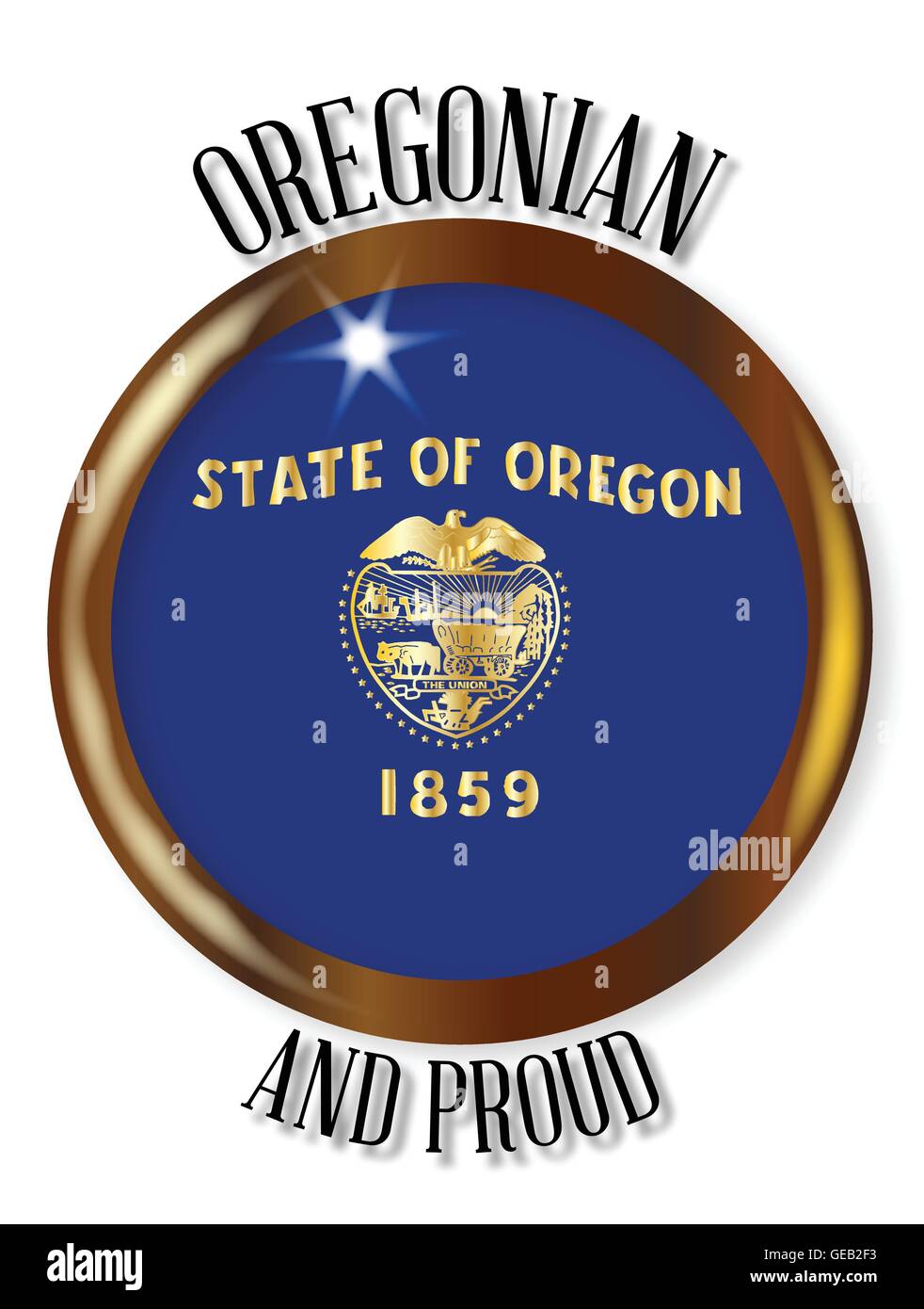 Oregon state flag button with a circular border over a white background