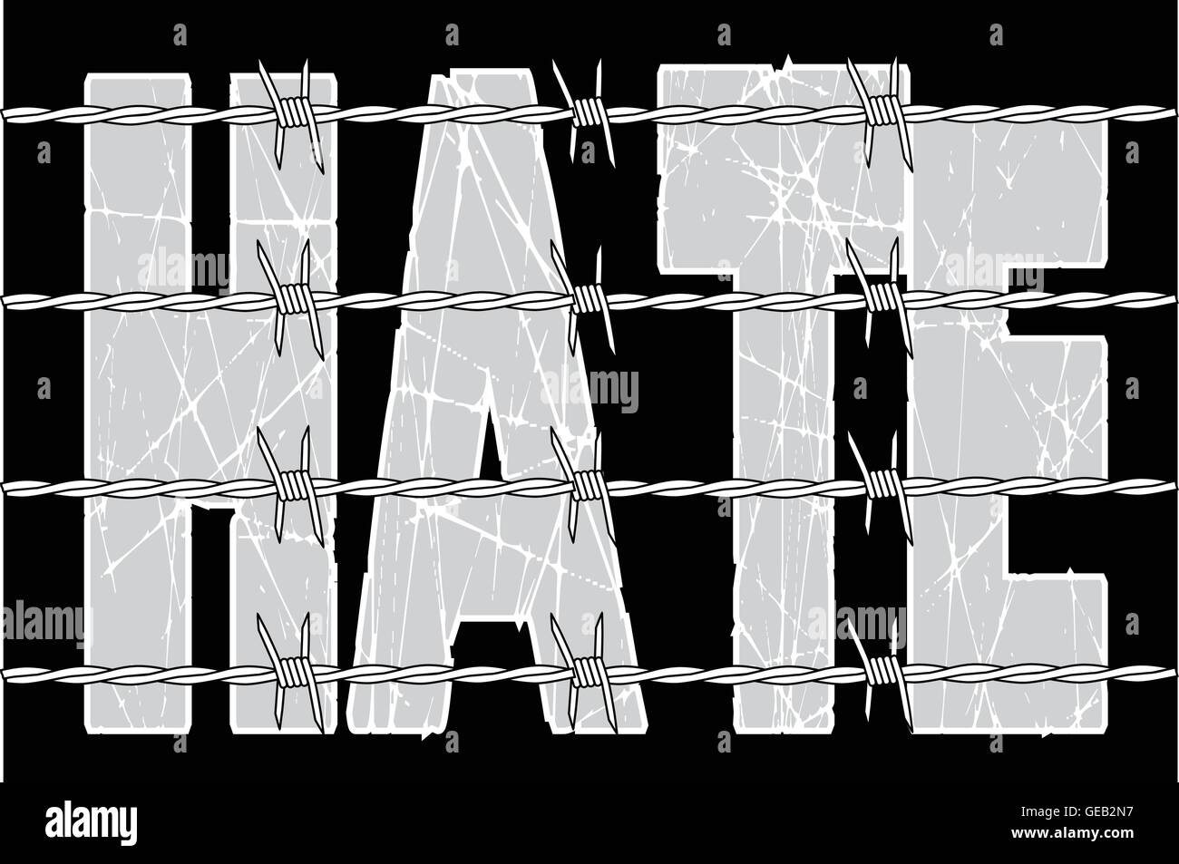 The word hate behind a barbed wire fence over a black background Stock Vector