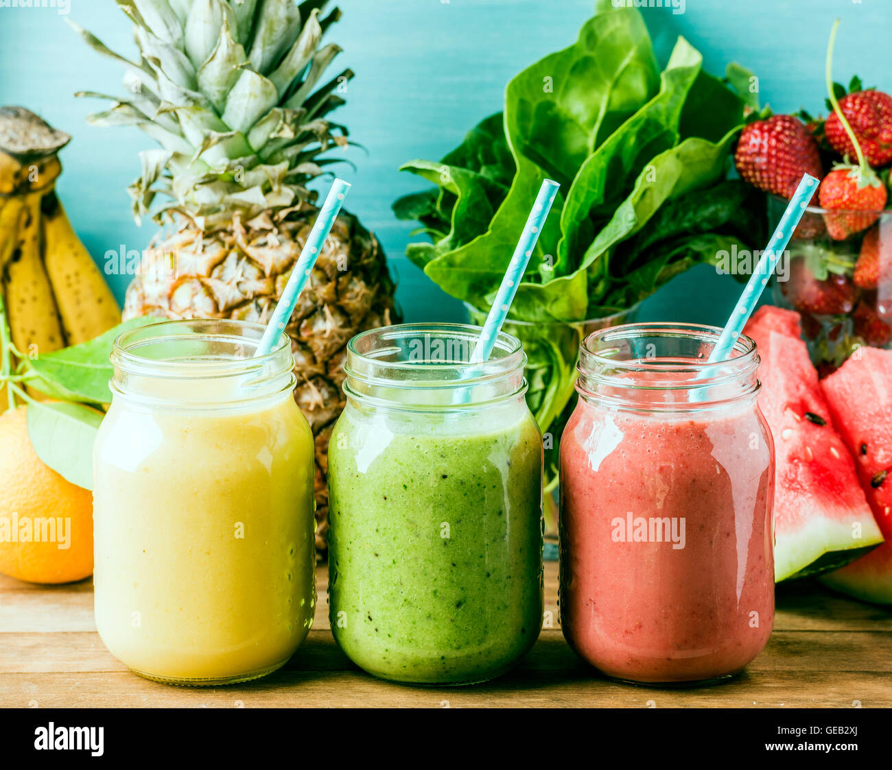 Freshly blended fruit smoothies of various colors and tastes Stock