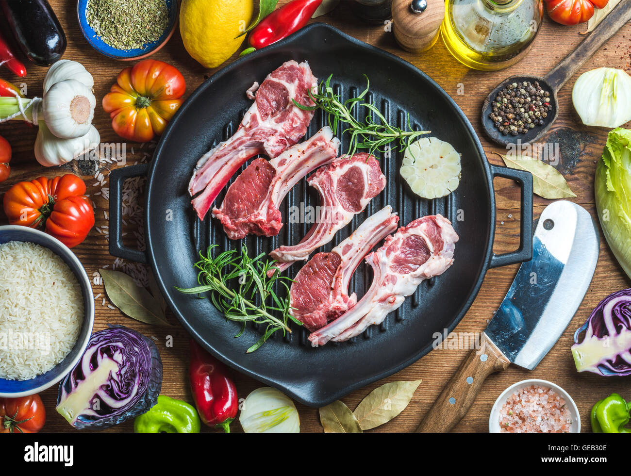 Ingredients for cooking healthy meat dinner. Raw uncooked lamb chops in