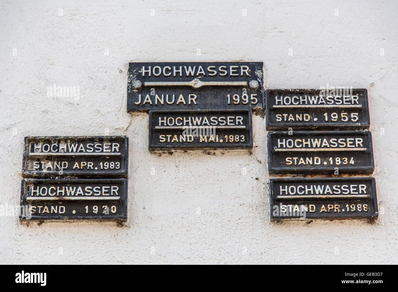 Flooding marks at a building in the old town of Linz in the Rhine valley, high water marks of river Rhine, Germany Stock Photo