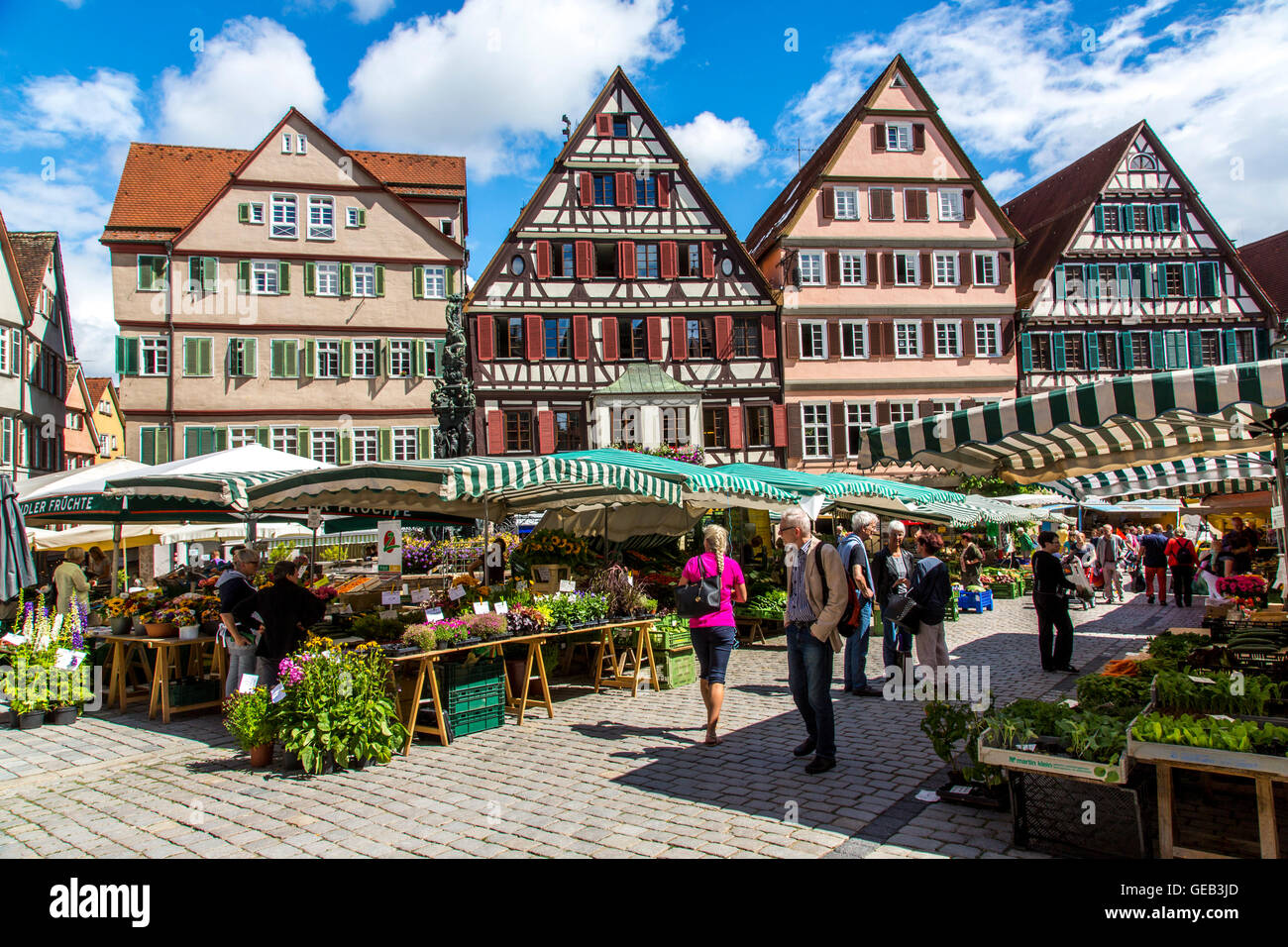 Fresh weekly farmers market on the historic market place, in the old town of Tübingen, Germany Stock Photo
