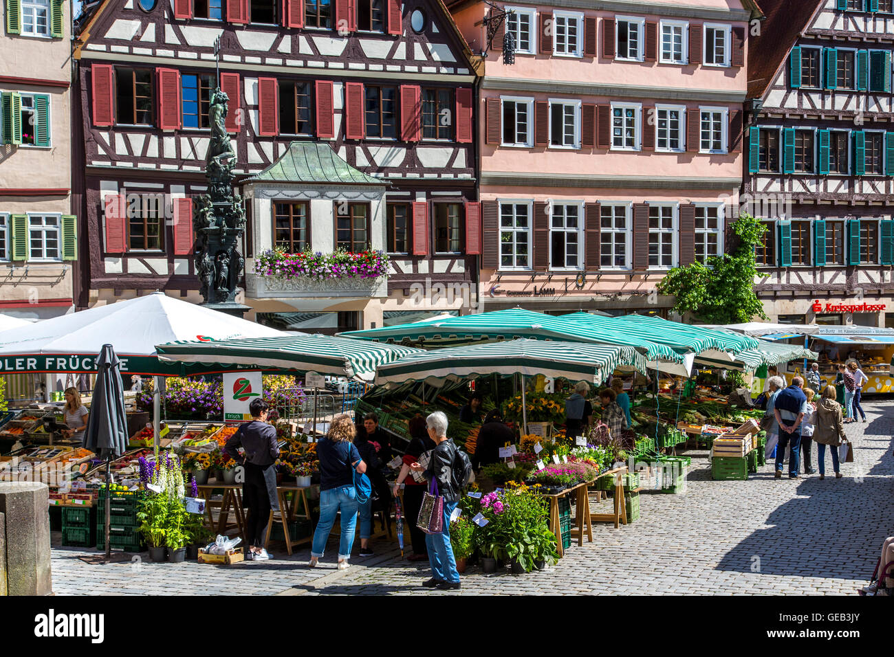 Fresh weekly farmers market on the historic market place, in the old town of Tübingen, Germany