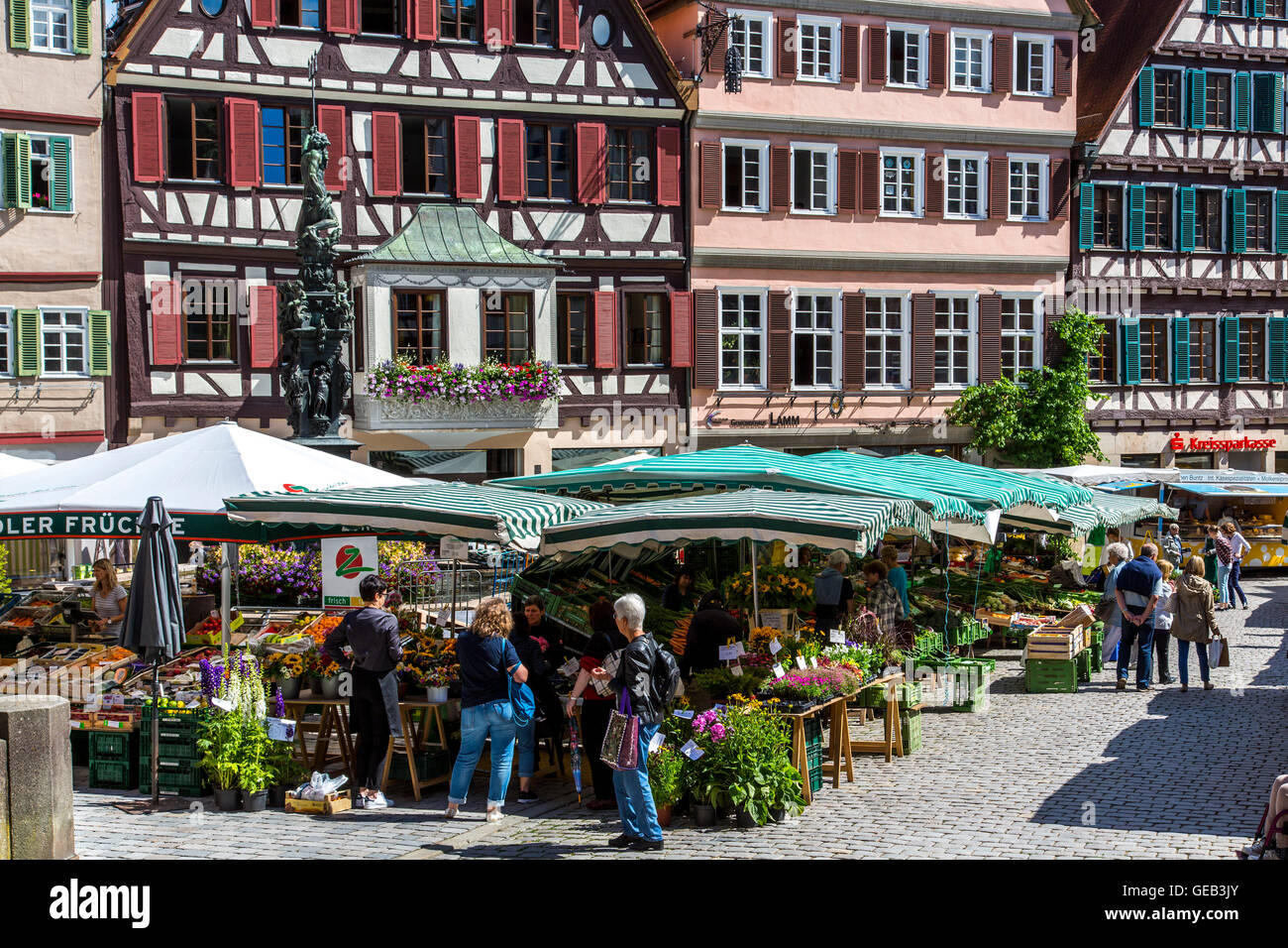 Fresh weekly farmers market on the historic market place, in the old town of Tübingen, Germany Stock Photo
