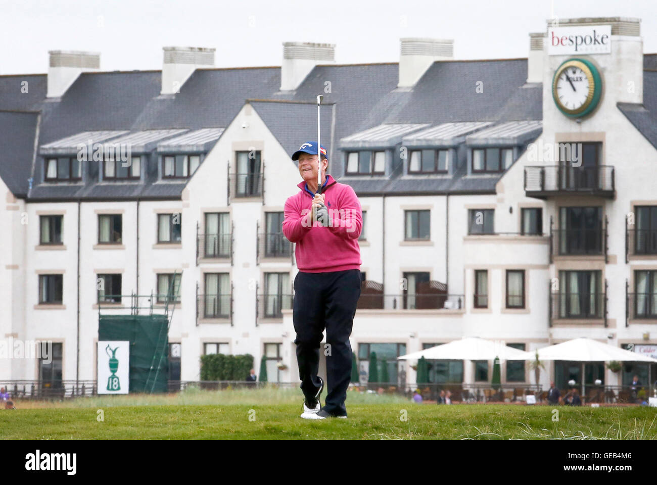 USA's Tom Watson takes his second shot on the 1st hole during day four of the 2016 Senior Open Championship at Carnoustie Golf Links. Stock Photo