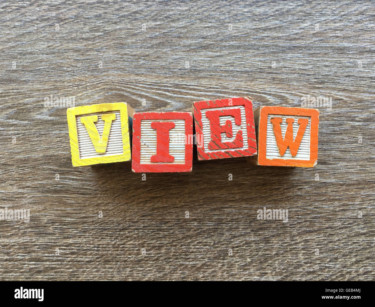Alphabet wood block letters forming the word VIEW , combining those