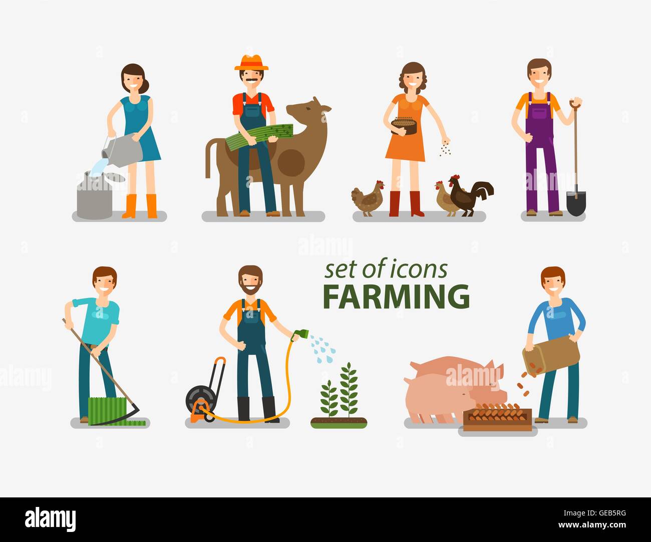 Farming and cattle breeding set of icons. People at work on the farm. Vector illustration Stock Vector