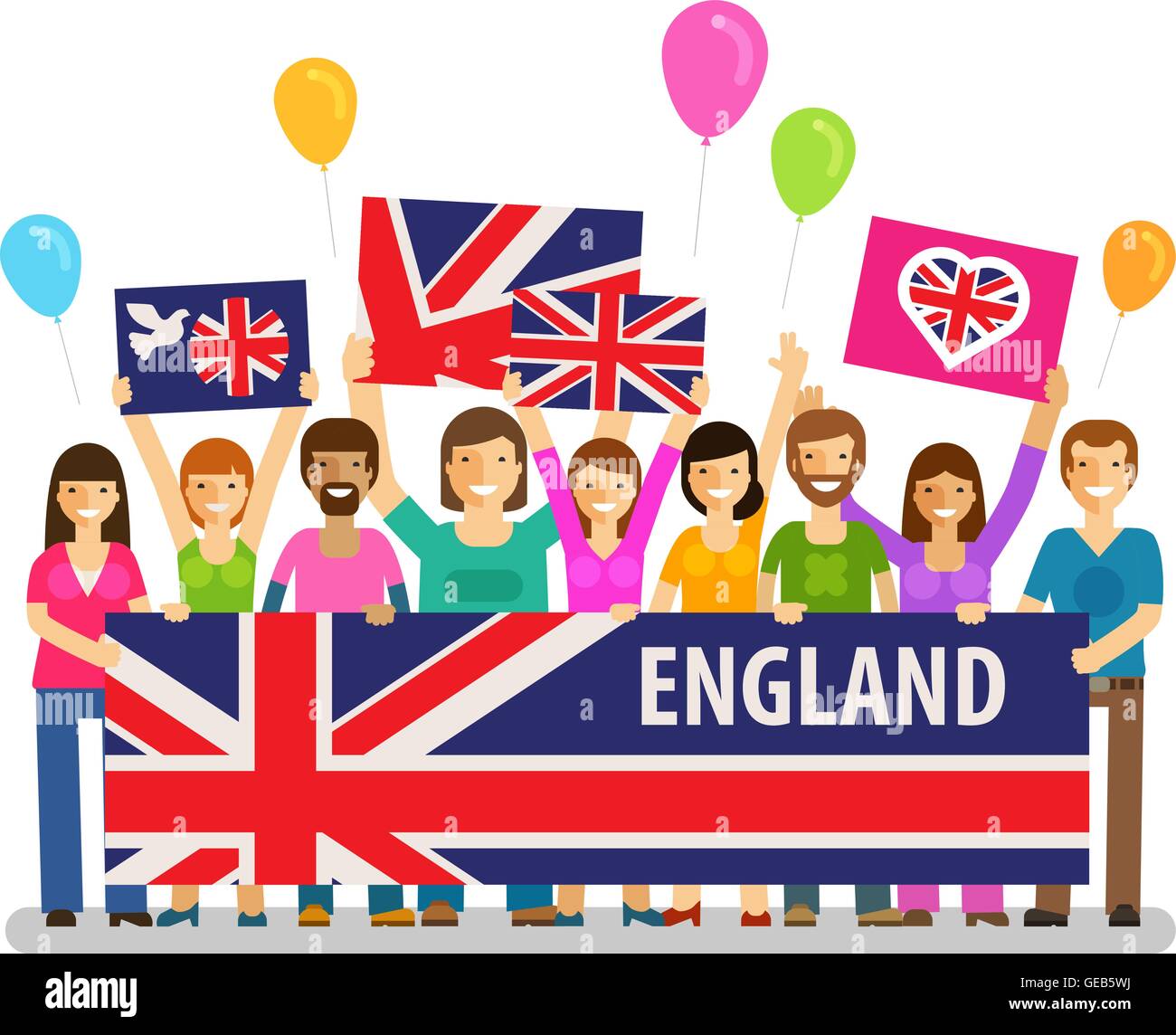 England. Happy crowd of people with placards at the city festival. Vector illustration Stock Vector