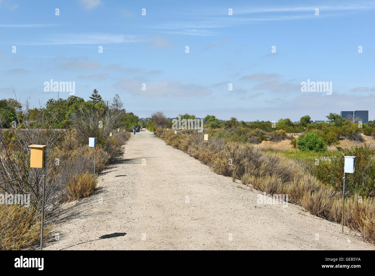 IRVINE, CA - JULY 9, 2016: Bird Boxes line trail between ponds at the San Joaquin Marsh Reserve. Unidentified people are in the Stock Photo