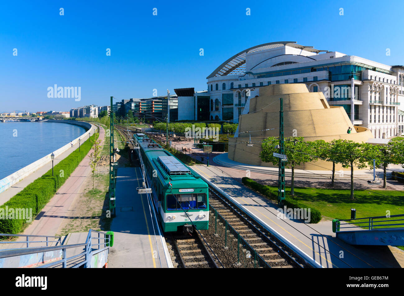 Budapest: National Theater and stepped pyramid Ziggurat , light rail HEV at the Danube, Hungary, Budapest, Stock Photo