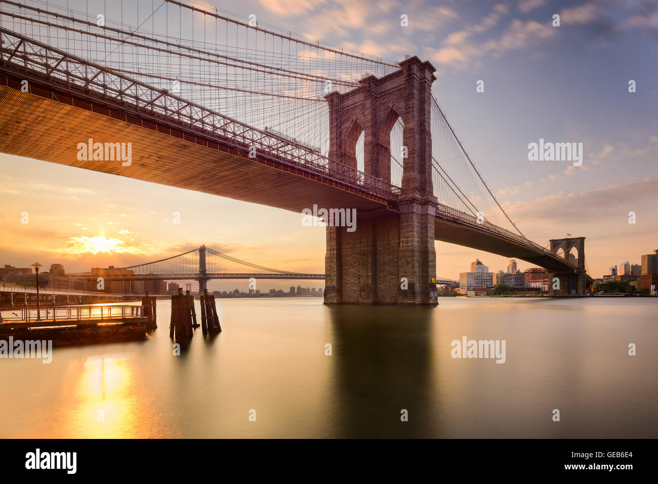 Brooklyn Bridge in New York City at sunrise. Stock Photo