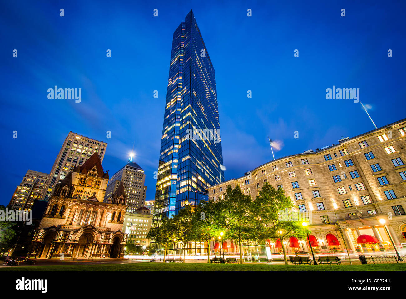 Buildings at Copley Square at night, in Back Bay, Boston, Massachusetts. Stock Photo