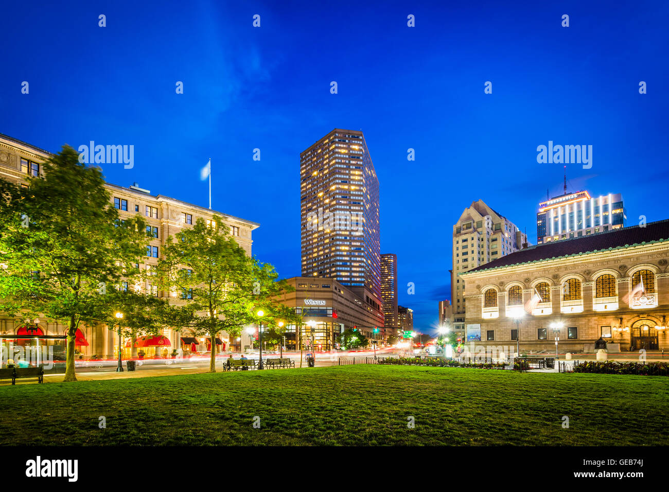 Buildings at Copley Square at night, in Back Bay, Boston, Massachusetts. Stock Photo