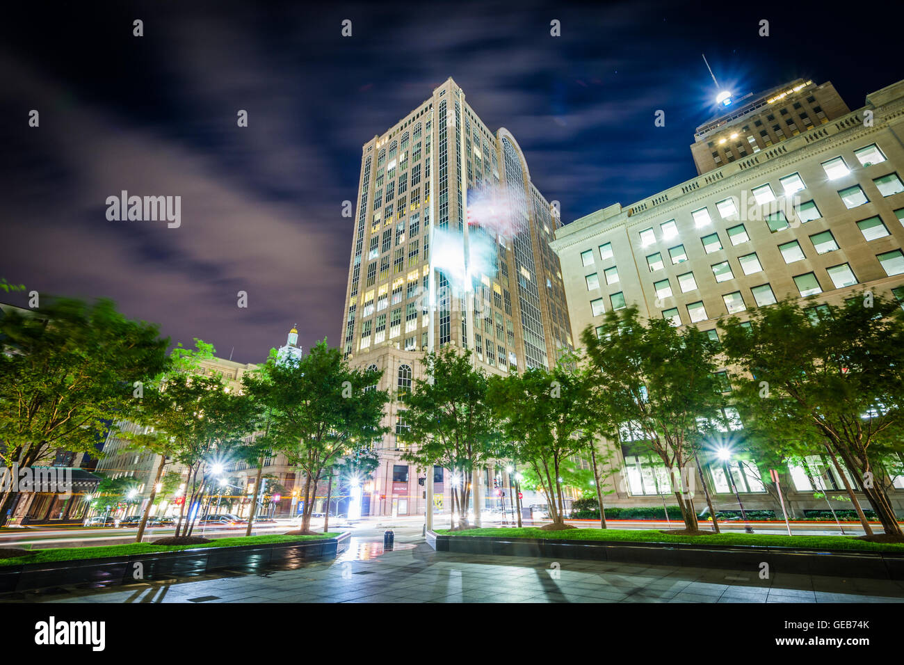 Buildings at Copley at night, in Back Bay, Boston, Massachusetts. Stock Photo