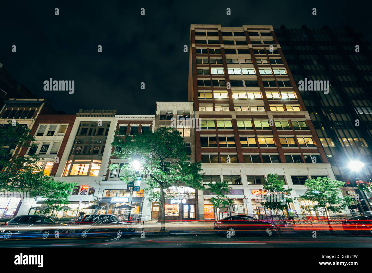 Buildings on Boylston Street at night, at Copley, in Boston, Massachusetts. Stock Photo