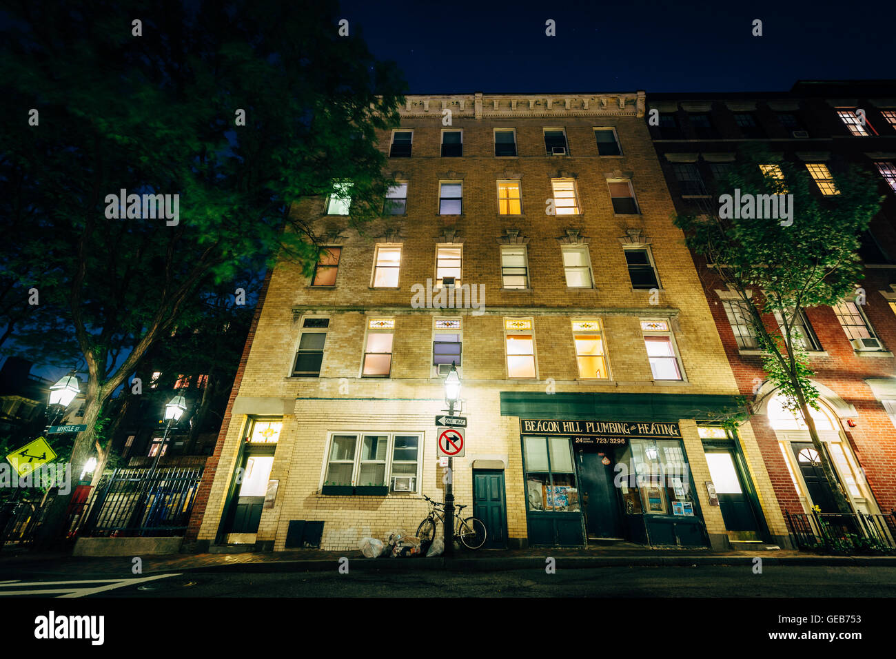 Buildings on Myrtle Street at night, in Beacon Hill, Boston, Massachusetts. Stock Photo