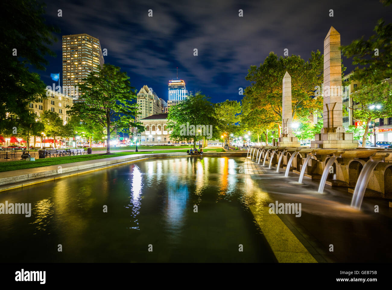 Fountains and buildings at Copley Square at night, in Boston, Massachusetts. Stock Photo