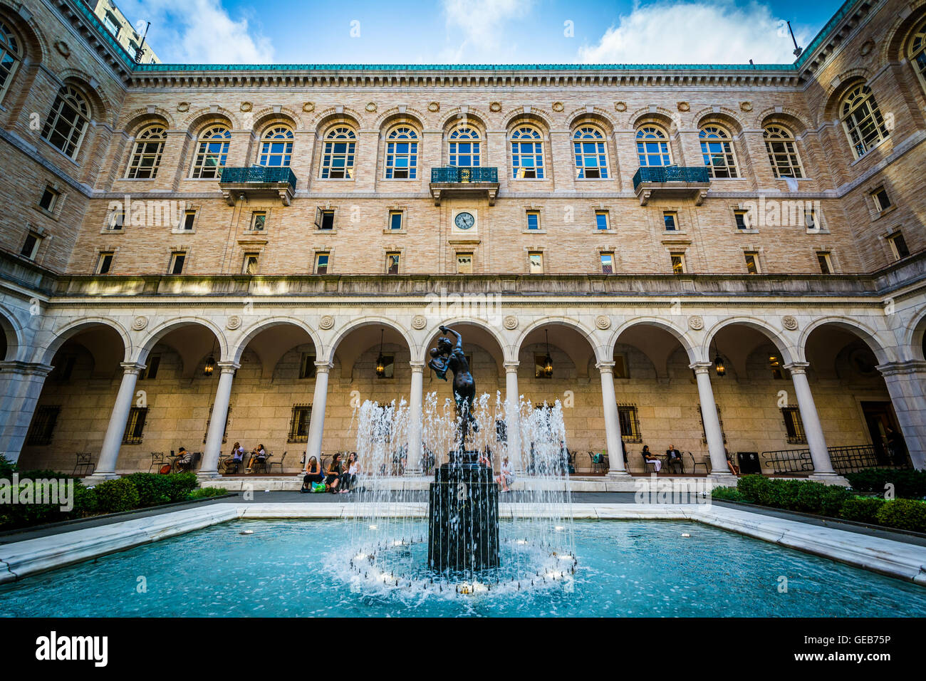 Fountain and courtyard at the Boston Public Library at Copley Square, in Back Bay, Boston, Massachusetts. Stock Photo