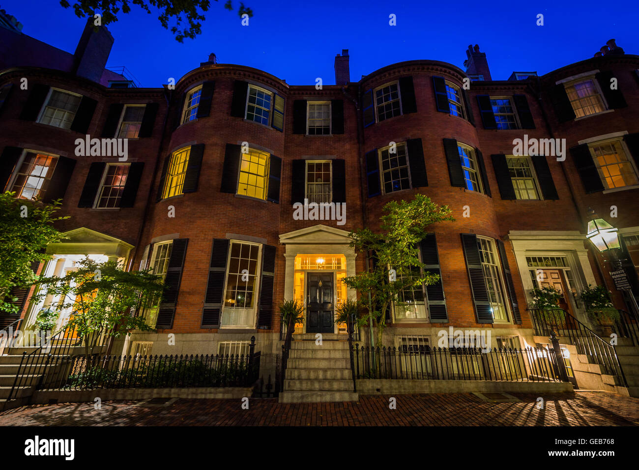 Historic brick homes in Beacon Hill at night, in Boston, Massachusetts. Stock Photo
