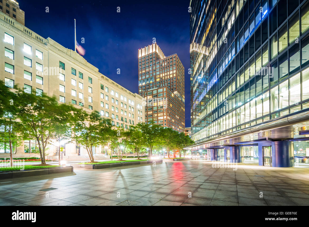 Modern buildings at night at Copley, in Back Bay, Boston, Massachusetts. Stock Photo