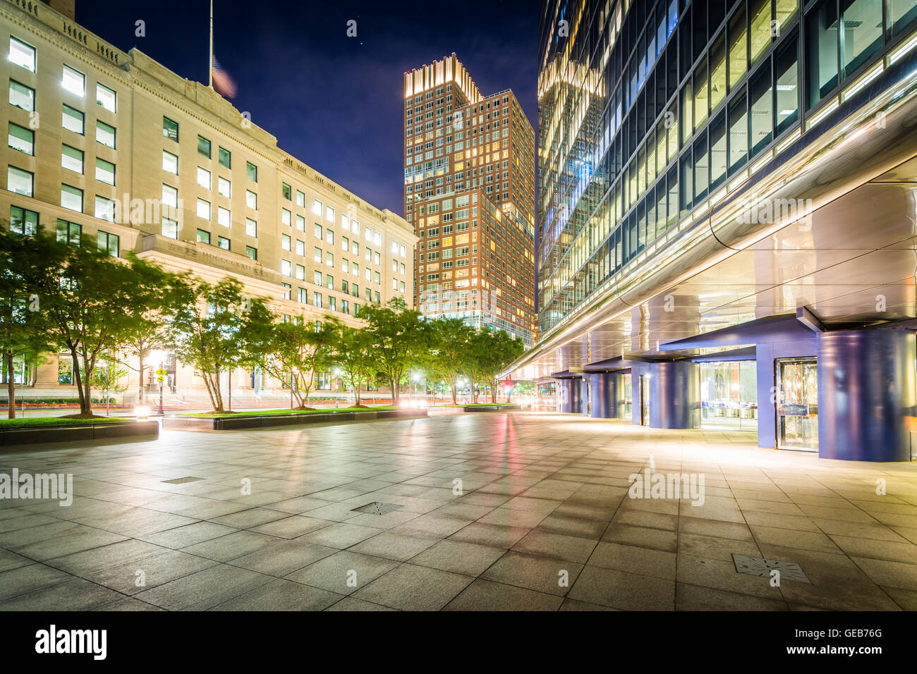 Modern buildings at night at Copley, in Back Bay, Boston, Massachusetts. Stock Photo